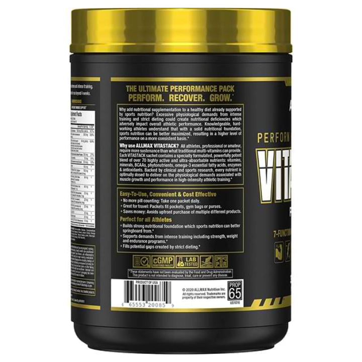 Allmax Nutrition Vitastack (30 multi-packs) back of the bottle image with information. Mullti-function Nutrients & Multi-vitamin.