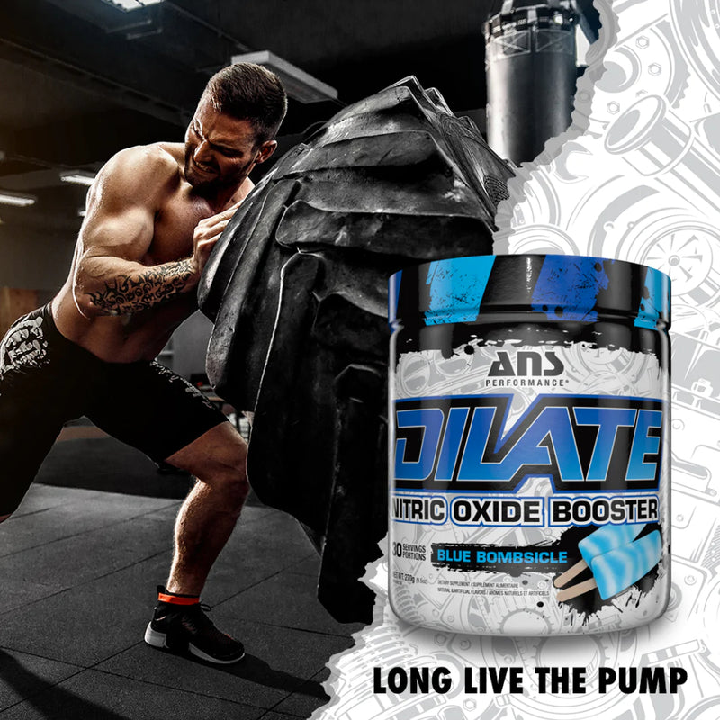 ANS Performance Dilate (30 servings) image of athlete pushing a strongman tire flip. This amazing product stimulates nitric oxide production & greatly boosts your performance in the gym!