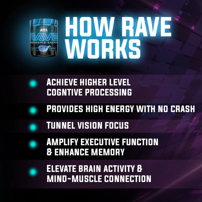 ANS Performance RAVE (60 servings) How Rave works image. RAVE Pre-Workout is unbridled energy and unmatched mental enhancement. Workouts are more intense, big projects become child's play, exams wilt under your powerful pen and games yield to your enhanced reaction time.