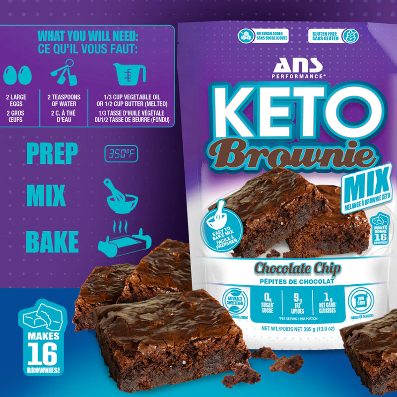Buy Now! ANS Performance KETO Brownie Mix Chocolate Chip image with baking instructions. Ridiculously decadent, super fudgy and intensely chocolatey, these keto brownies make a great indulgent low carb chocolate treat!