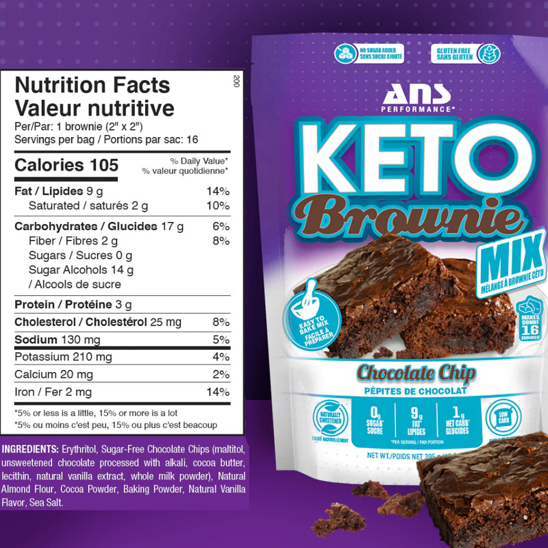 Buy Now! ANS Performance KETO Brownie Mix Chocolate Chip image with supplement facts of ingredients. Ridiculously decadent, super fudgy and intensely chocolatey, these keto brownies make a great indulgent low carb chocolate treat!