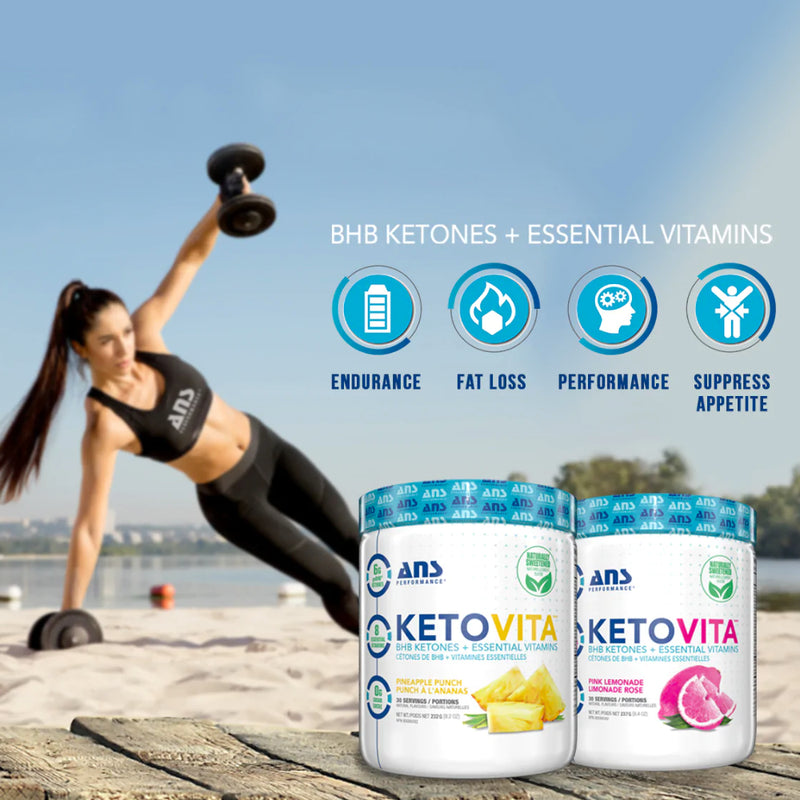 ANS Performance KETOVITA (30 servings) Social image of product and athlete working out. Ketones can help support a state of ketosis, where fat is used as the body’s primary source of energy. Ketones can also enhance cognitive function, reduce inflammation and help balance hormones involved with blood sugar and appetite.