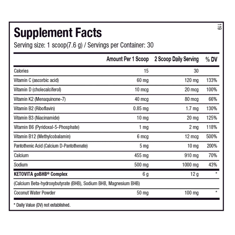 ANS Performance KETOVITA (30 servings) Supplement facts of ingredients. Ketones can help support a state of ketosis, where fat is used as the body’s primary source of energy. Ketones can also enhance cognitive function, reduce inflammation and help balance hormones involved with blood sugar and appetite.