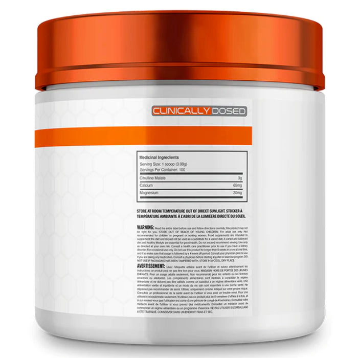 Ballistic Labs Citrulline Malate Powder (300 g) bottle image with ingredients. Supplementing with citrulline malate increases the synthesis of nitric oxide (NO) in the blood, which dilates blood vessels, increases blood flow, regulates glucose uptake and optimizes mitochondria function. 