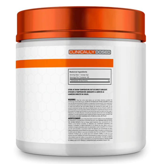 Ballistic Labs Glutamine (400 g) ingredients on bottle. Supplementing with glutamine is essential in training, as it is the most essential amino acid required by the body. 