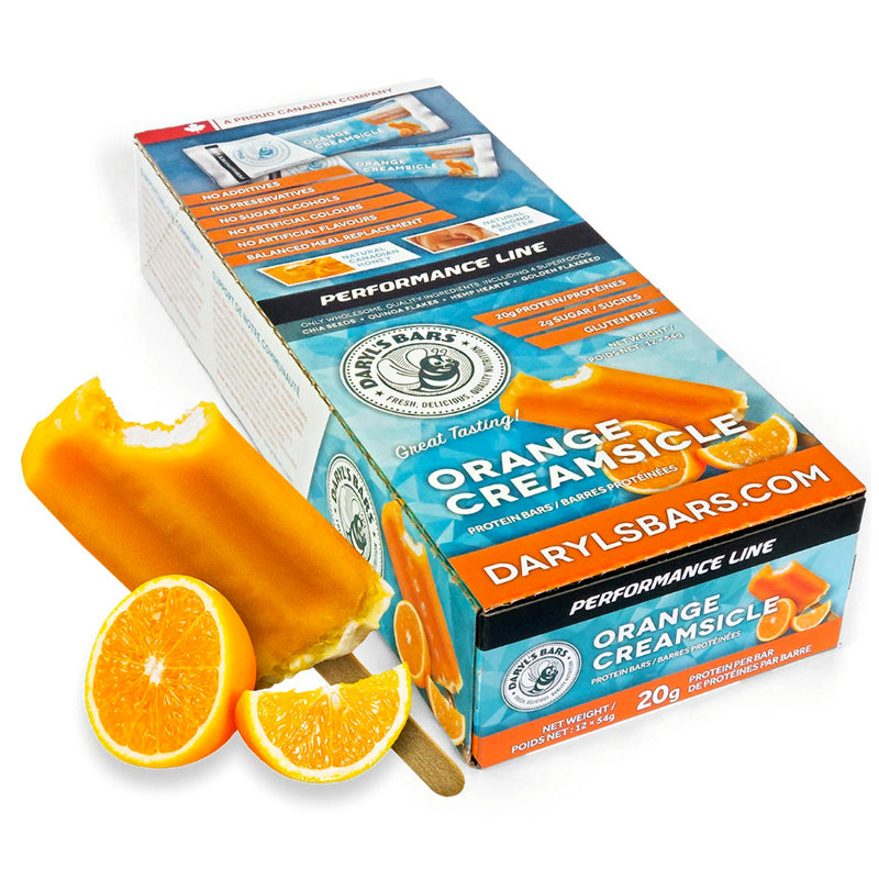 Buy Now! Daryl's Performance bars Orange Creamsicle (box). With 20g of high-quality whey protein and only 5g of sugar, our performance protein bars deliver the goods, along with a rich and naturally sweet flavour that truly satisfies.