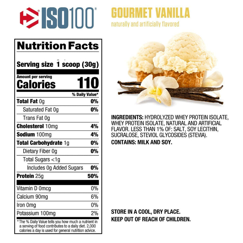 Dymatize ISO100 (20 servings) Gourmet Vanilla Supplement facts of ingredients. Highest-quality protein powders in the game, it’s filtered to remove excess lactose, carbs, fat, and sugar for maximum purity, mixability and gains. Don’t just beat your best.
