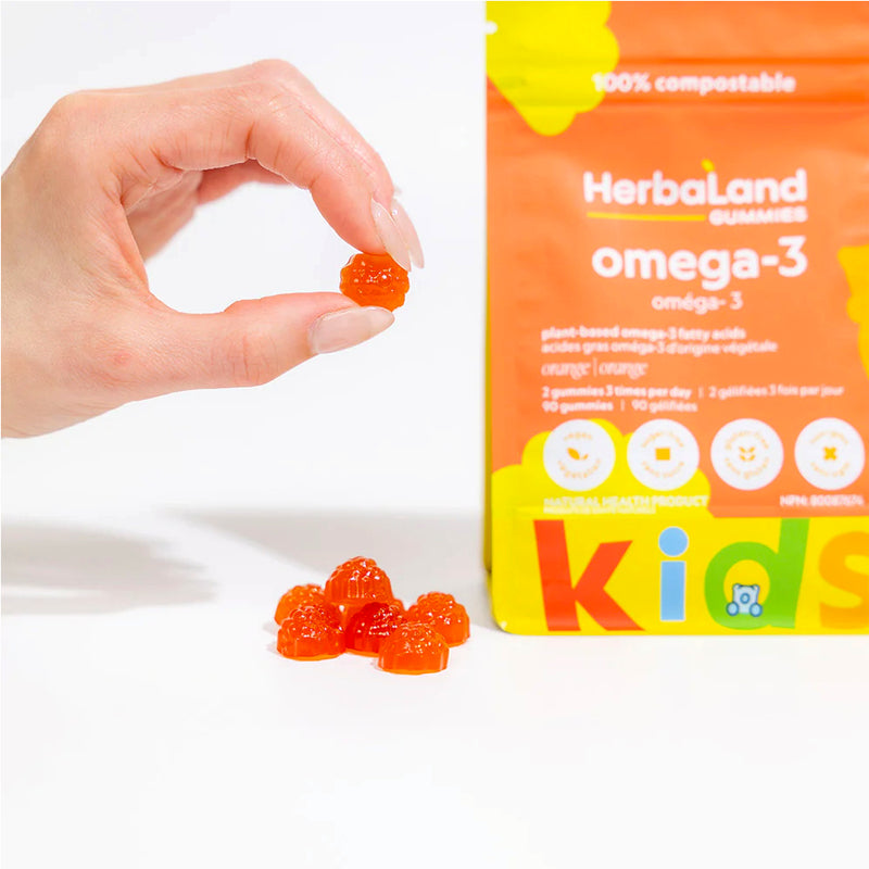Herbaland Omega-3 Kids Gummies (90 gummies). Sourced from flaxseed oil, these orange flavored sugar-free gummies are an excellent source of ALA, known for playing an essential role in keeping the body active and healthy.