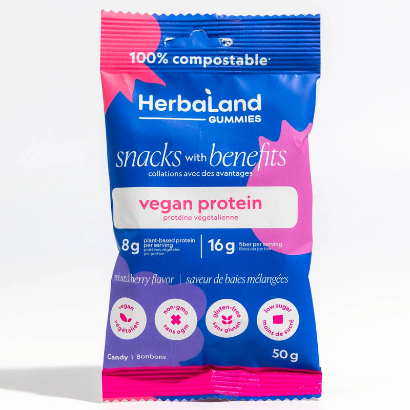 Buy Now! Herbaland Protein Gummies (50 g) Mixed Berry. Herbaland Vegan Protein Gummies ! These are nutritional gummy supplements that contain a plant based protein, Protein blend (pea protein, brown rice protein, chickpea powder, lentil protein).
