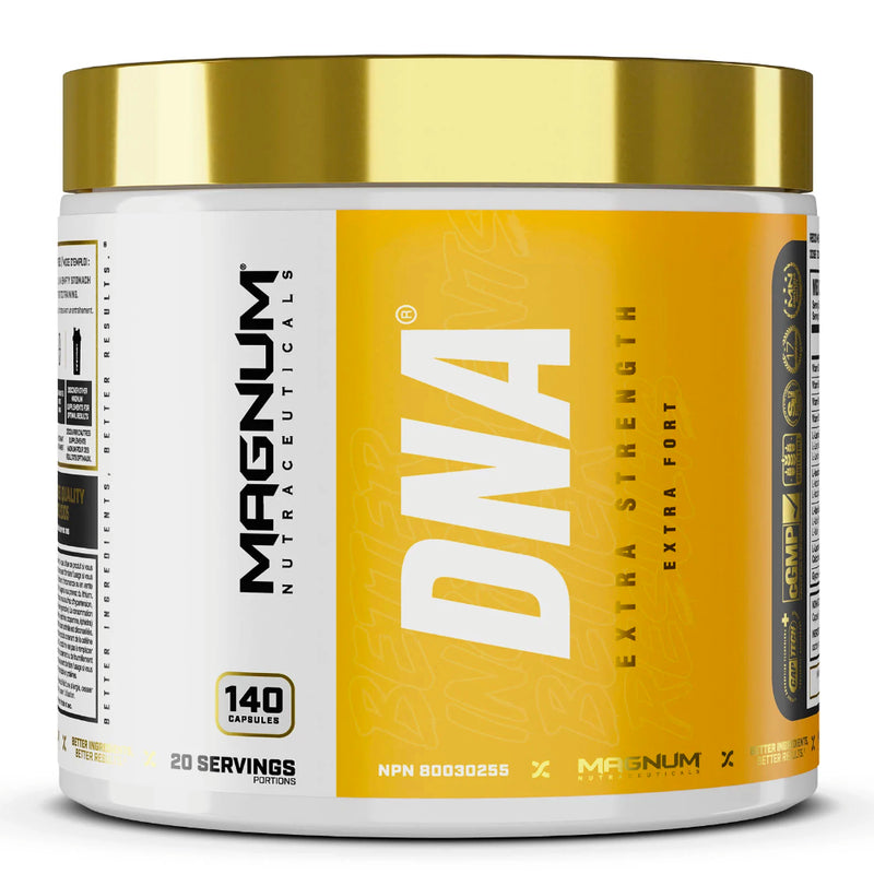 Buy Now! Magnum Nutraceuticals DNA Extra Strength BCAA (140 caps) bottle image. Magnum DNA® is an anabolic formula that combines the powerful muscle-regenerating effects of Branched Chain Amino Acids (BCAAs) with the hardening and muscle expanding Glycine/Arginine ingredient.
