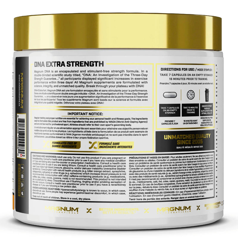 Magnum Nutraceuticals DNA Extra Strength BCAA (140 caps) directions for use on bottle. Magnum DNA® is an anabolic formula that combines the powerful muscle-regenerating effects of Branched Chain Amino Acids (BCAAs) with the hardening and muscle expanding Glycine/Arginine ingredient.