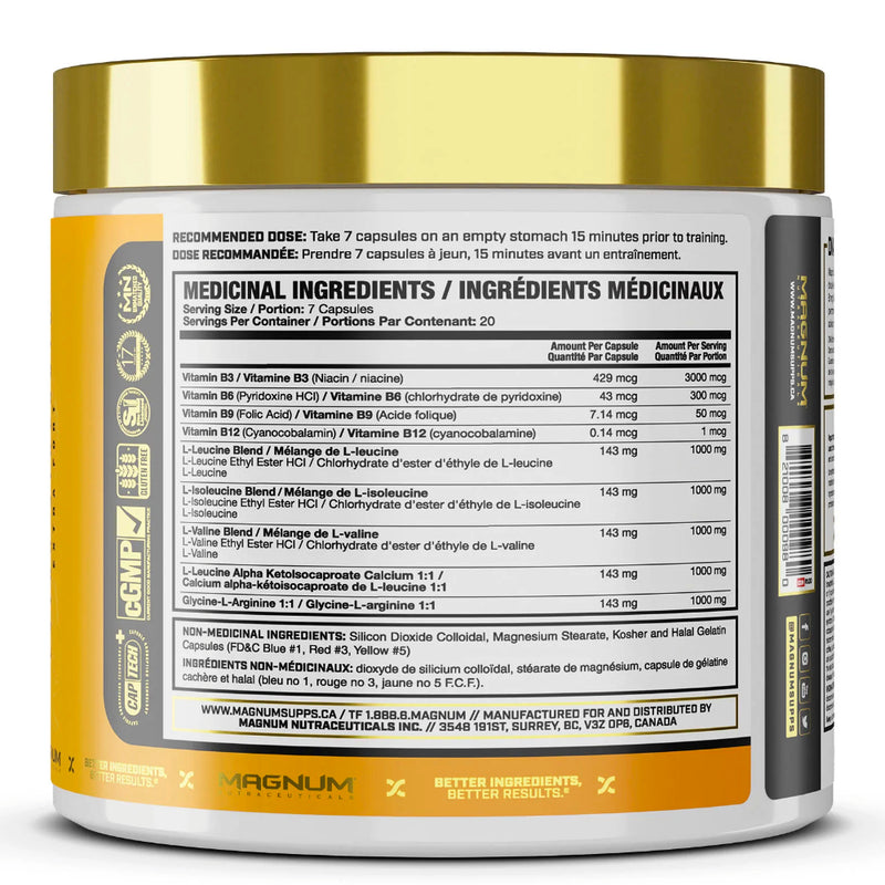 Magnum Nutraceuticals DNA Extra Strength BCAA (140 caps) supplement facts of ingredients. Magnum DNA® is an anabolic formula that combines the powerful muscle-regenerating effects of Branched Chain Amino Acids (BCAAs) with the hardening and muscle expanding Glycine/Arginine ingredient.