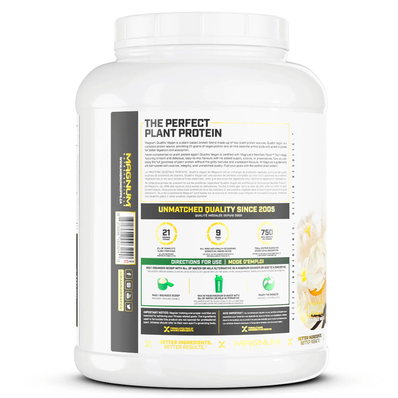Magnum Nutraceuticals Quattro VEGAN (4 lbs) Vanilla direction of use on bottle. Staying true to the Quattro legacy, our all-new Vegan Protein Isolate blend is comprised of 4 incredible plant-based protein sources; pea protein isolate, brown rice protein, pumpkin protein, and quinoa powder protein.