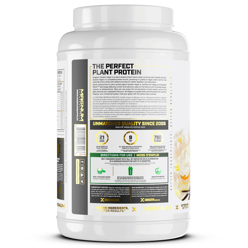 Magnum Nutraceuticals Quattro VEGAN (2 lbs) Vanilla directions of use. Staying true to the Quattro legacy, our all-new Vegan Protein Isolate blend is comprised of 4 incredible plant-based protein sources; pea protein isolate, brown rice protein, pumpkin protein, and quinoa powder protein. 