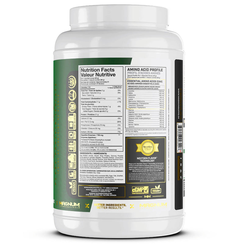 Magnum Nutraceuticals Quattro VEGAN (2 lbs) Vanilla supplement facts of ingredients. Staying true to the Quattro legacy, our all-new Vegan Protein Isolate blend is comprised of 4 incredible plant-based protein sources; pea protein isolate, brown rice protein, pumpkin protein, and quinoa powder protein. 