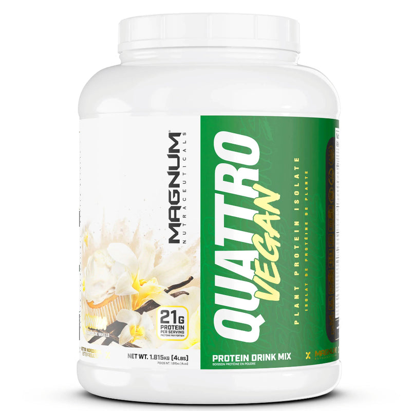 Magnum Nutraceuticals Quattro VEGAN (4 lbs) Vanilla bottle image. Staying true to the Quattro legacy, our all-new Vegan Protein Isolate blend is comprised of 4 incredible plant-based protein sources; pea protein isolate, brown rice protein, pumpkin protein, and quinoa powder protein.