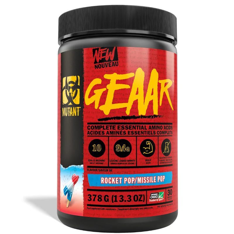 Buy Now! Mutant GEAAR (30 servings) Rocket Pop. MUTANT GEAAR provides all 9 amino acids (BCAAs & EAAs) + Arginine to help support muscle growth & repair.