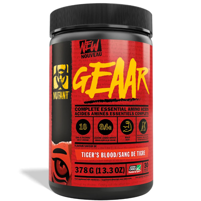 Buy Now! Mutant GEAAR (30 servings) Tiger's Blood. MUTANT GEAAR provides all 9 amino acids (BCAAs & EAAs) + Arginine to help support muscle growth & repair.