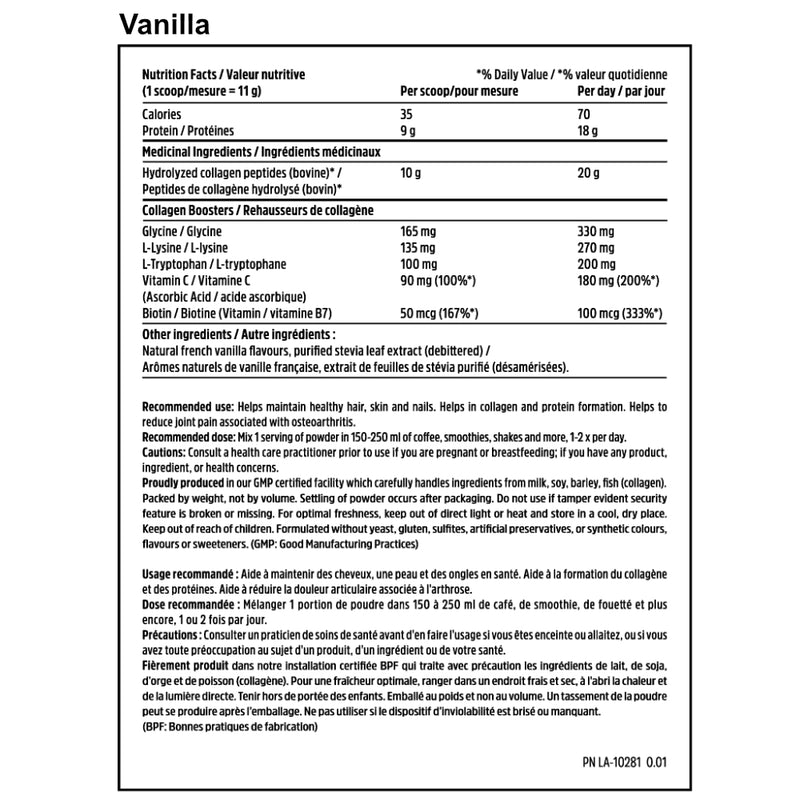 North Coast Naturals Boosted Bovine Collagen (500 g) Vanilla supplement facts of ingredients. Boosted Bovine Collagen has Added L- Lysine, Glycine, Vitamin C and Biotin help further boost overall joint, hair, nail and skin collagen formation. 