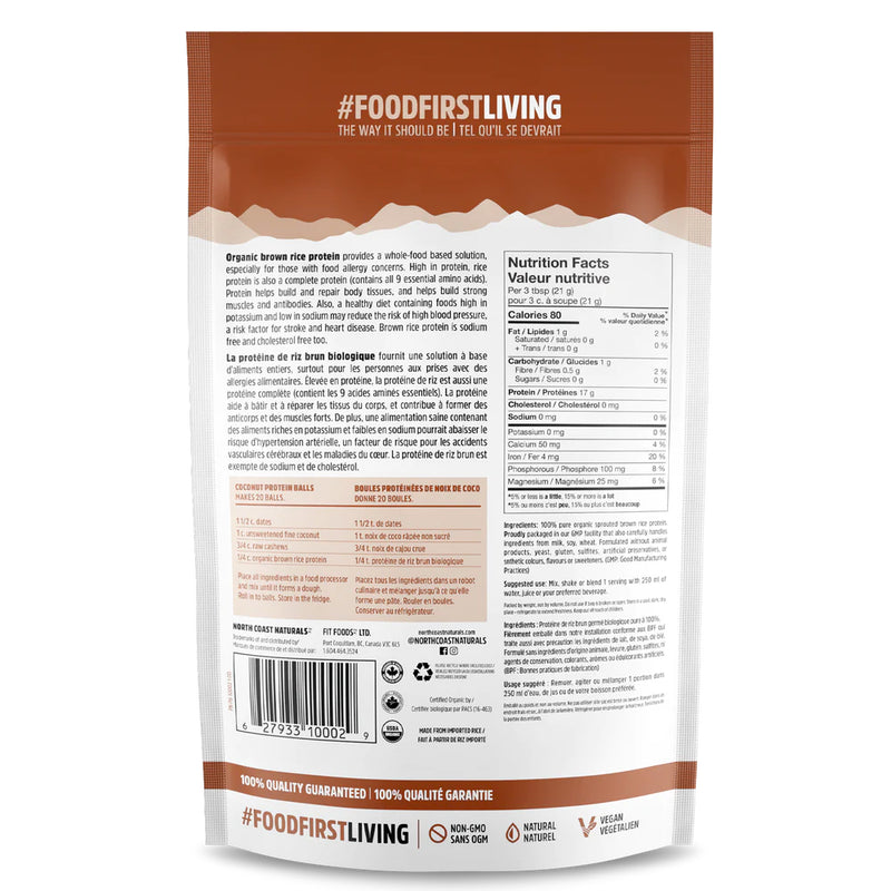 North Coast Naturals Organic Sprouted Raw Brown Rice Protein (340 g) Unflavoured ingredients on bag. Sprouted brown rice protein is a nutritionally superior protein option compared to non-sprouted rice.