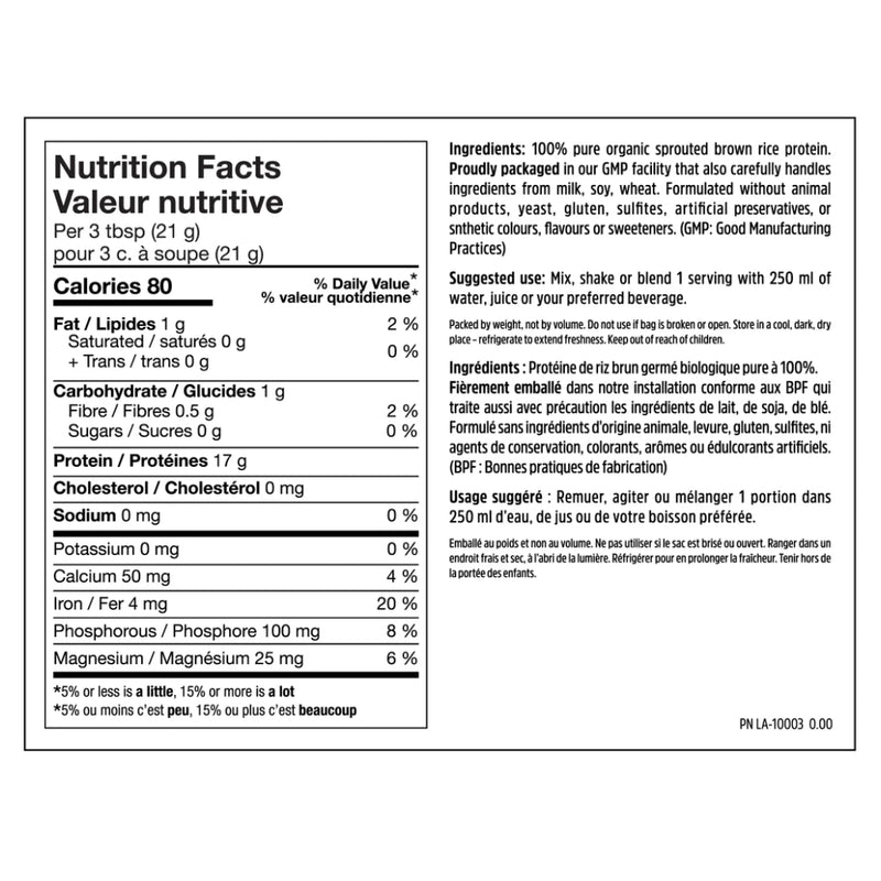 North Coast Naturals Organic Sprouted Raw Brown Rice Protein (840 g) supplement facts. Sprouted brown rice protein is a nutritionally superior protein option compared to non-sprouted rice.