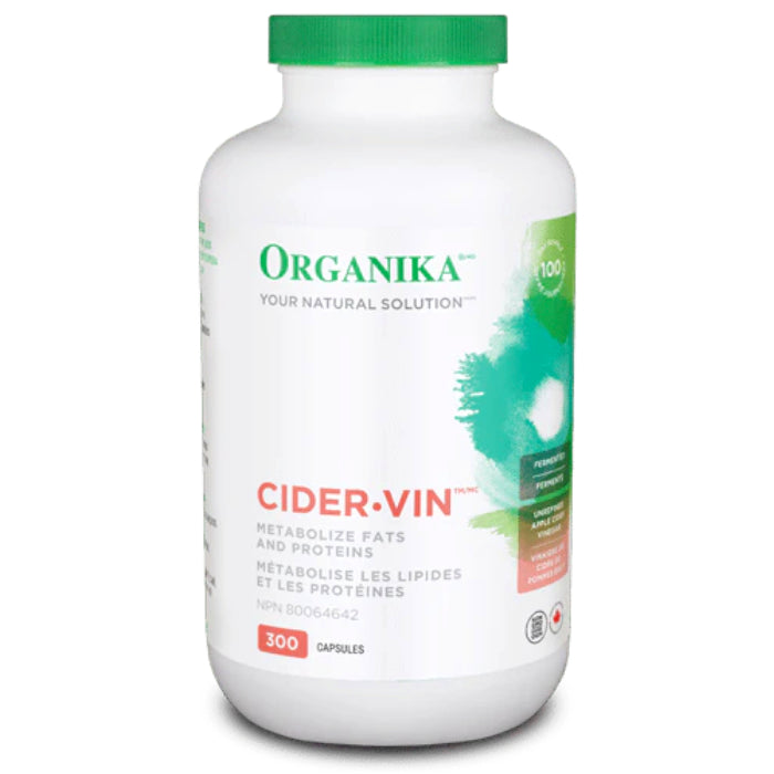 Buy Organika Health Cider Vin (300 caps) Apple Cider Vinegar. Providing the equivalent to 6 mg of Vitamin C per capsule, Cider-Vin provides an essential co-factor for metabolism of carbohydrates, protein and fats.