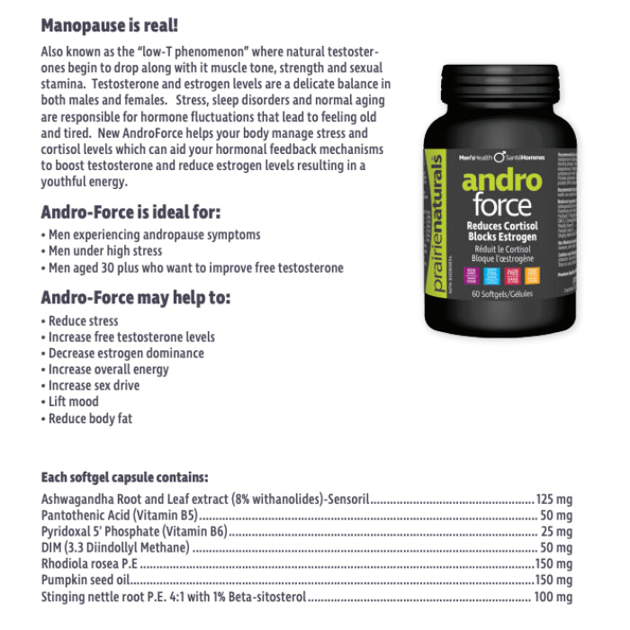 Prairie Naturals Andro Force (60 Softgels) supplement facts of ingredients. Andro Force reduces cortisol, blocks estrogen & reduces the conversion of  dihydrotestosterone (DHT). 