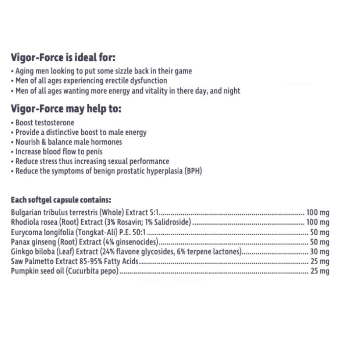 Prairie Naturals Vigor-Force Supreme (60 Softgels) supplement facts of ingredients. Have the Vigor & Stamina You Want! Canada’s best all-natural energizer for men. 