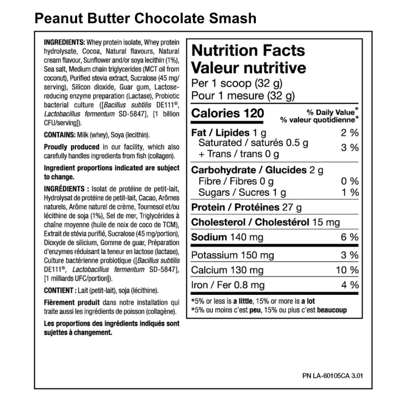 PVL Pure Vita Labs ISOGOLD (5 lb) Peanut Butter Chocolate Smash supplement facts of ingredients. ISO GOLD is the premium isolated whey protein you have been looking for.