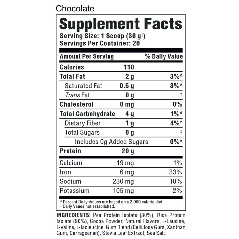 Allmax Nutrition ISOPLANT Protein Isolate (300 g) chocolate supplement facts of ingredients. Each serving contains 20 g of 100% pure protein made with plant protein isolate.