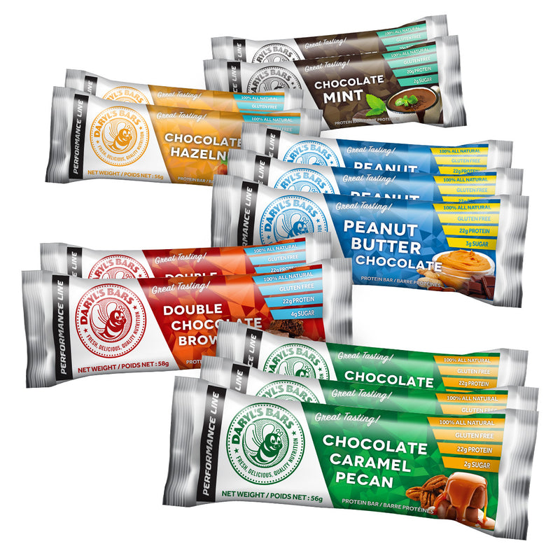 Assorted protein bar packages from Darnly Bar on a white background