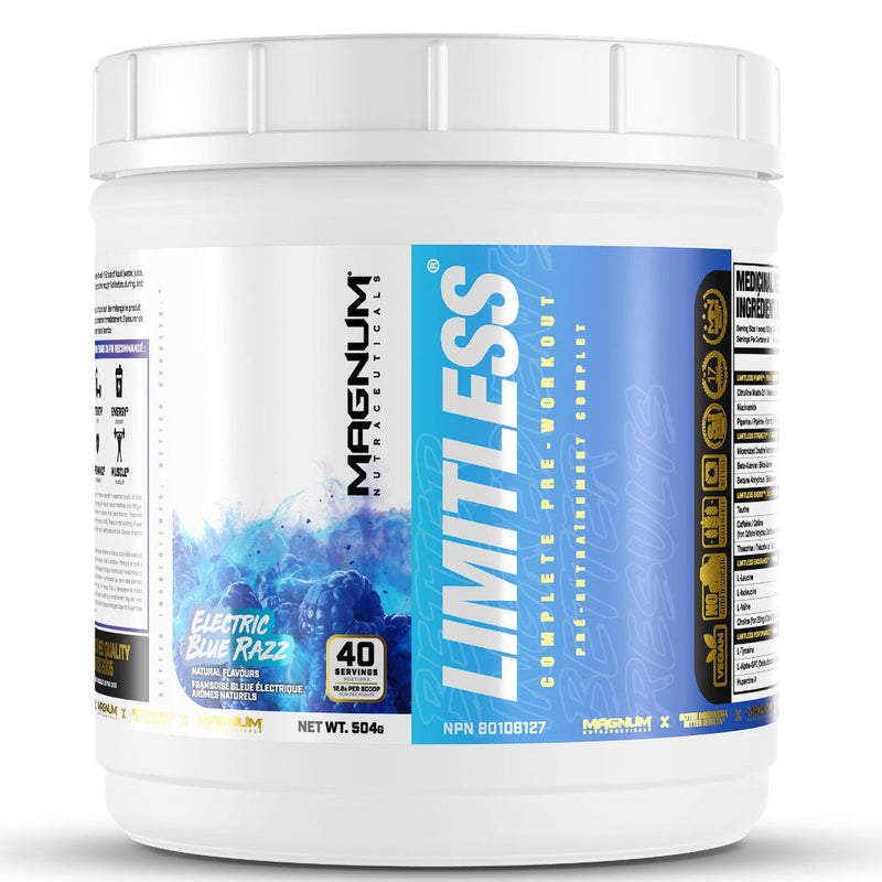 Buy Now! Magnum Nutraceuticals Limitless (40 servings) pre-workout Electric Blue Razz. Developed with clinically studied ingredients, Limitless delivers more pumps, strength, energy, endurance, and muscle-building power in every scoop!