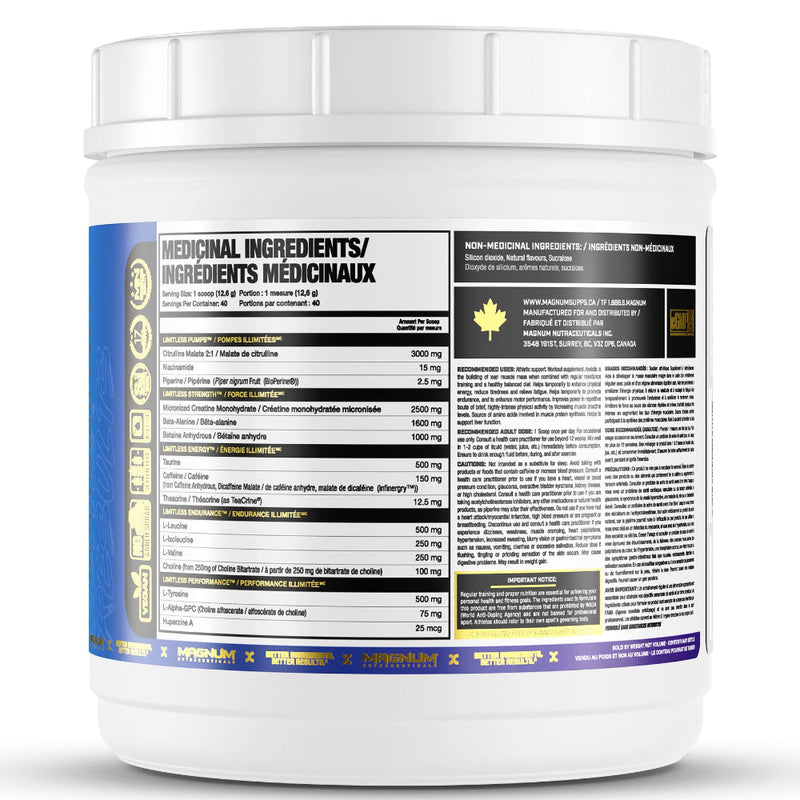 Magnum Nutraceuticals Limitless (40 servings) pre-workout Electric Blue Razz bottle image of ingredients. Developed with clinically studied ingredients, Limitless delivers more pumps, strength, energy, endurance, and muscle-building power in every scoop!
