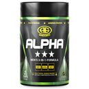 A container of Advanced Genetics Alpha supplement with 45 capsules, labeled as a men's 3-in-1 formula to boost testosterone, growth hormone, and improve muscle growth.