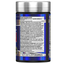A black supplement bottle with a metallic silver cap, showing the back label with product details and text in English and French.
