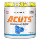 Container of Allmax ACuts Amino Cuts energy drink powder with blue raspberry flavor, marked as sugar-free and non-dairy, with 36 servings.