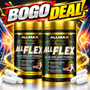 Two bottles of ALLMAX All Flex All-In-One Joint Formula with white capsules scattered in front, set against a vibrant, dynamic background with a large 'BOGO DEAL' banner.