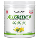 Allmax AllGreens+ supplement container with lemon lime flavor on a white background