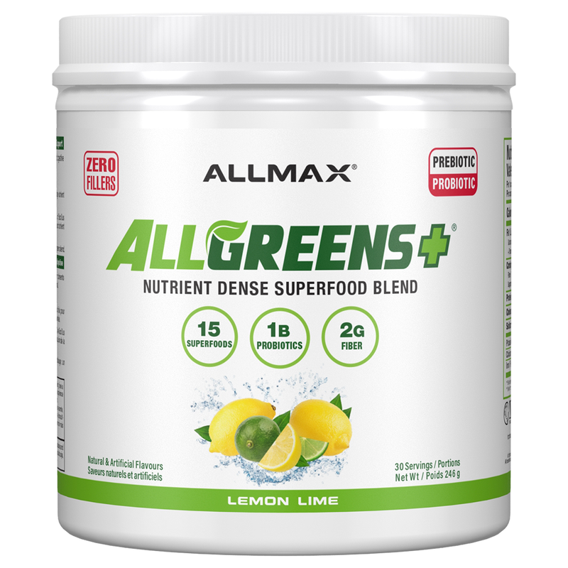 Allmax AllGreens+ supplement container with lemon lime flavor on a white background