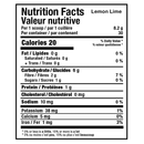 Nutrition facts label for a lemon lime product