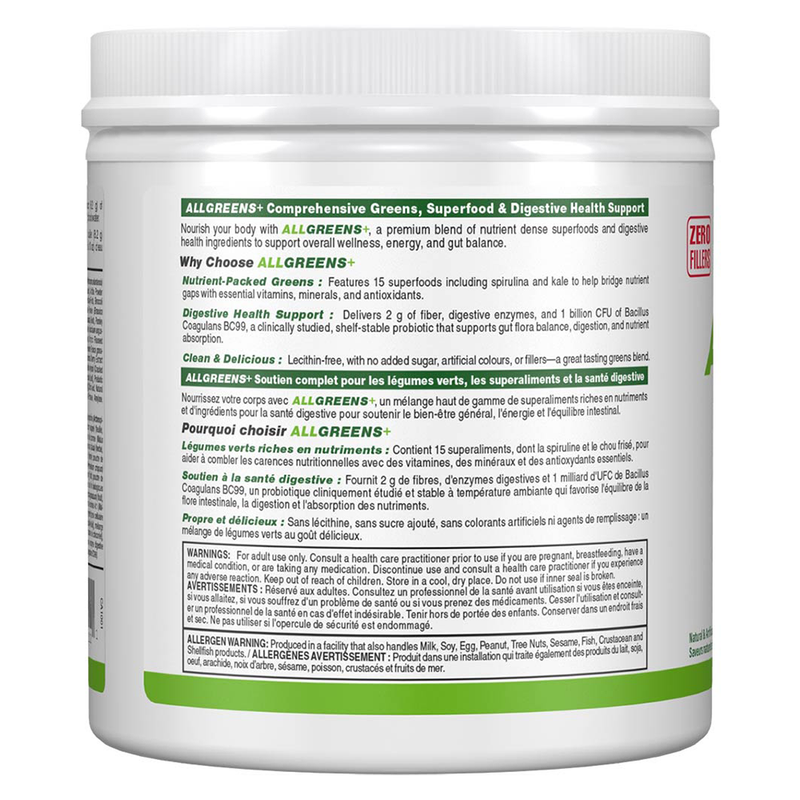 Container of ALLGREENS supplement with label on a white background