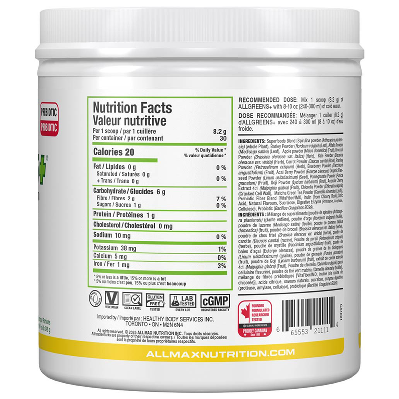 Nutrition facts label on a supplement container with Allmax Nutrition branding.