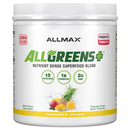 Allmax AllGreens+ superfood blend container with pineapple and mango on label