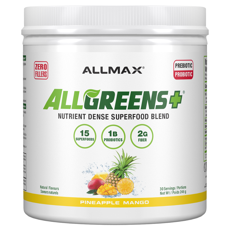 Allmax AllGreens+ superfood blend container with pineapple and mango on label