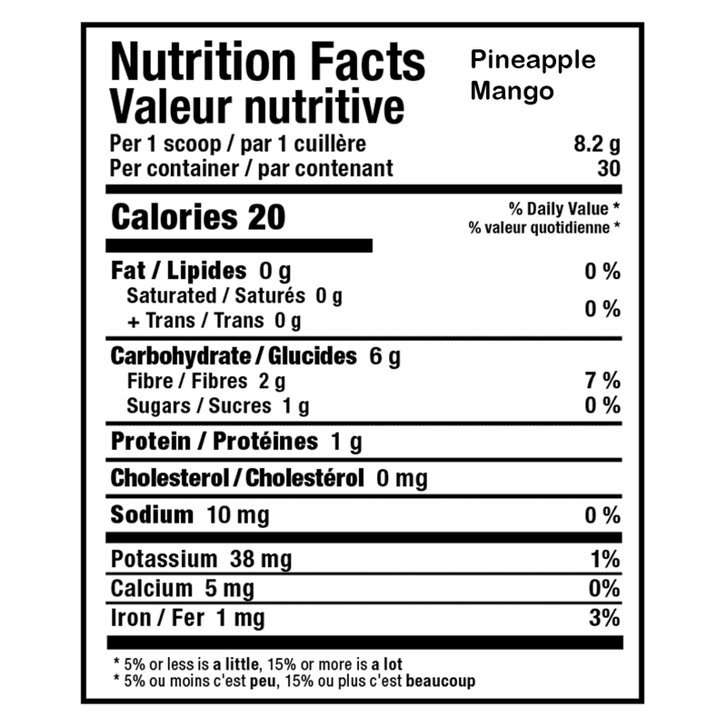 Nutrition facts label for pineapple mango flavor on a white background
