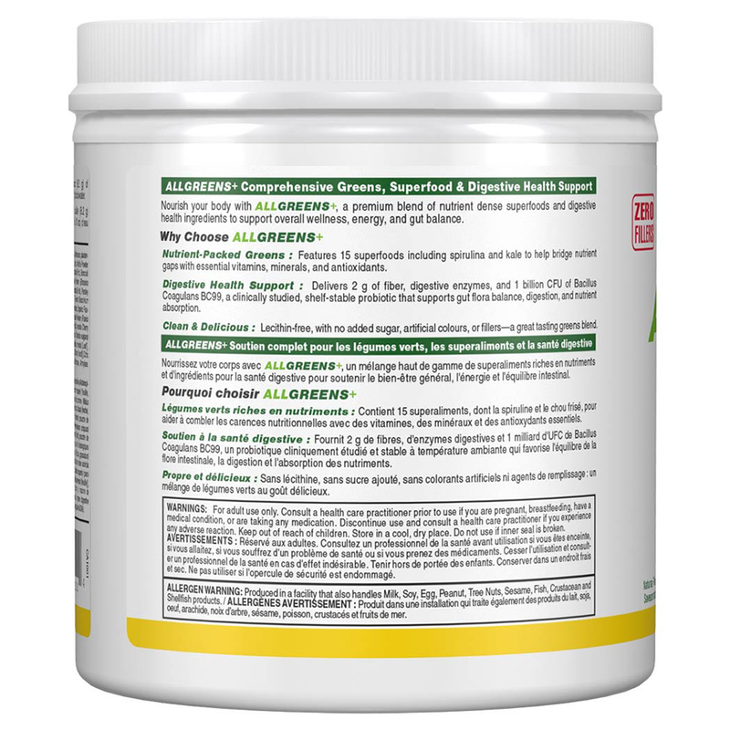 Container of AllGreens supplement with label on a white background