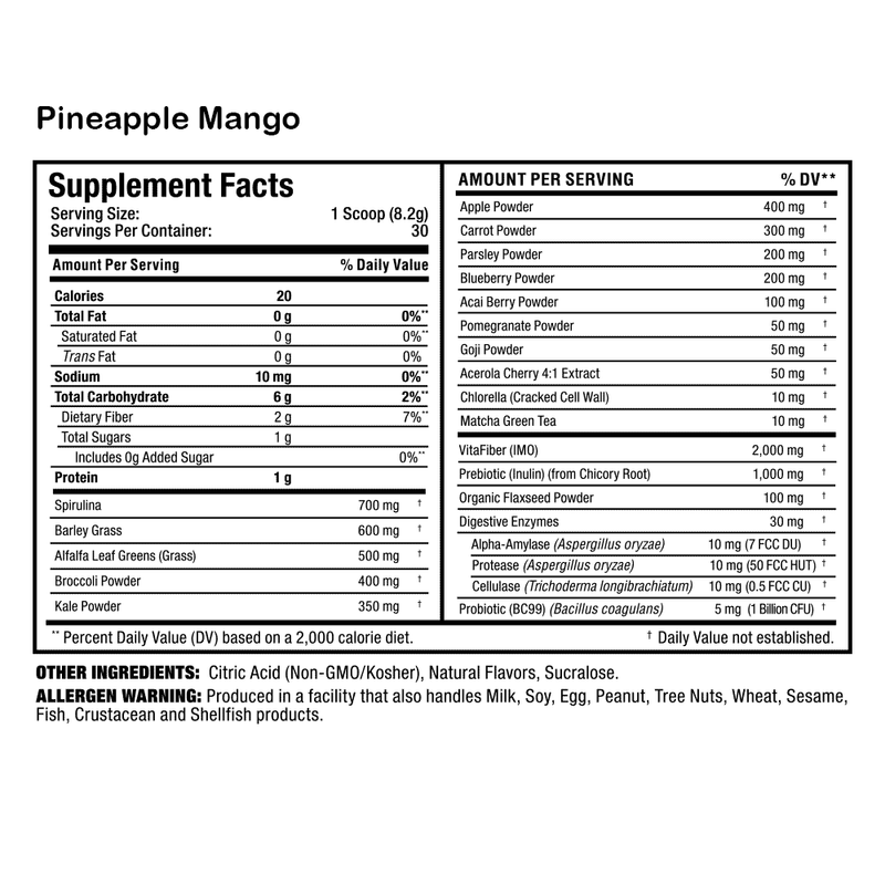 Supplement facts label for Pineapple Mango flavor on a white background