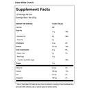 A Supplement Facts nutrition label for Great White Crunch, showing serving size 1 bar (57g) and daily value percentages for calories, fat, cholesterol, sodium, total carbohydrate, dietary fiber, sugar, and protein on a white background.
