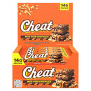 A box of Cheat Nuts Over Chocolate protein bars shown in a retail display-style packshot. The packaging is predominantly bright orange with large white 'Cheat' branding, a yellow '14G Protein' badge, and an image of a chocolate and nut protein bar on the front.