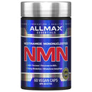 A bottle of Allmax Essentials NMN (Nicotinamide Mononucleotide) dietary supplement. The product is a dark blue bottle with a metallic silver cap, featuring a blue and silver label with bold red 'NMN' text.
